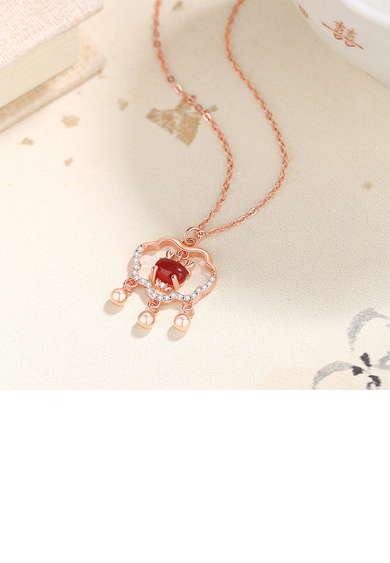 925 Sterling Silver Plated Rose Gold Fashion Vintage Dragon Ruyi Lock Pendant with Cubic Zirconia and Necklace - Luxurious Look