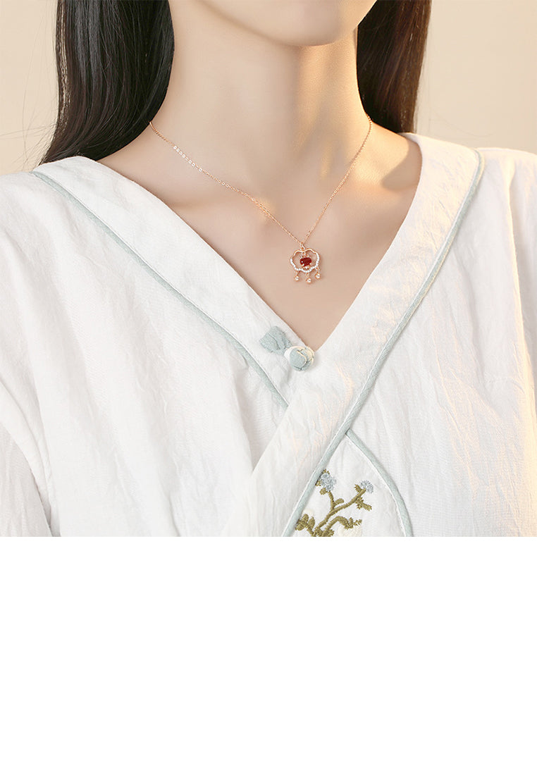 925 Sterling Silver Plated Rose Gold Fashion Vintage Dragon Ruyi Lock Pendant with Cubic Zirconia and Necklace - Luxurious Look