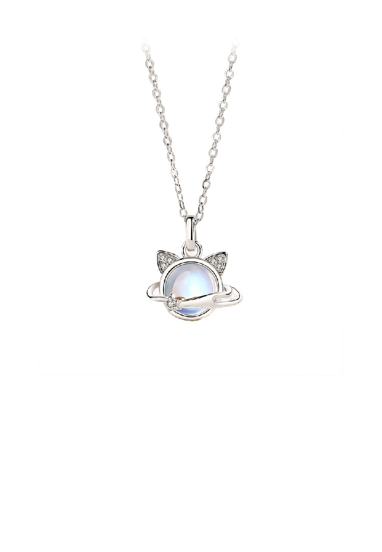 925 Sterling Silver Fashion Elegant Cat Moonstone Pendant with Cubic Zirconia and Necklace - Luxurious Look