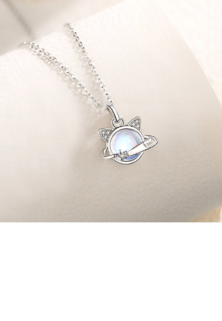 925 Sterling Silver Fashion Elegant Cat Moonstone Pendant with Cubic Zirconia and Necklace - Luxurious Look