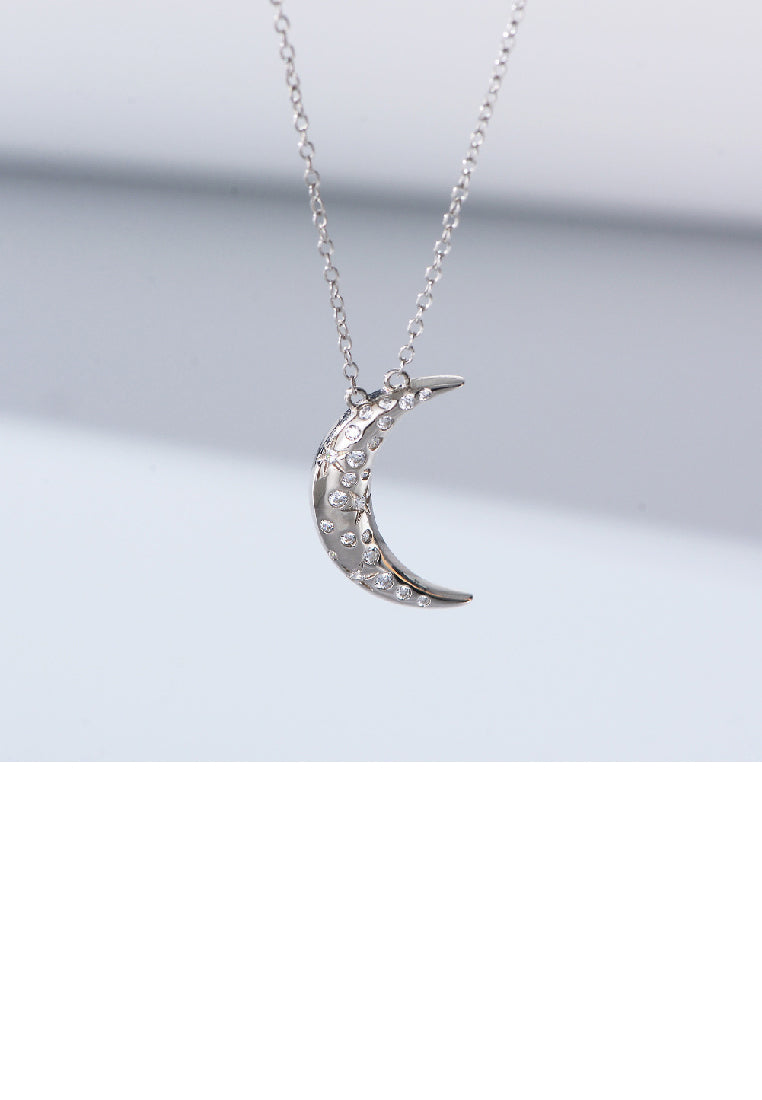925 Sterling Silver Fashion Simple Moon Pendant with Cubic Zirconia and Necklace - Luxurious Look