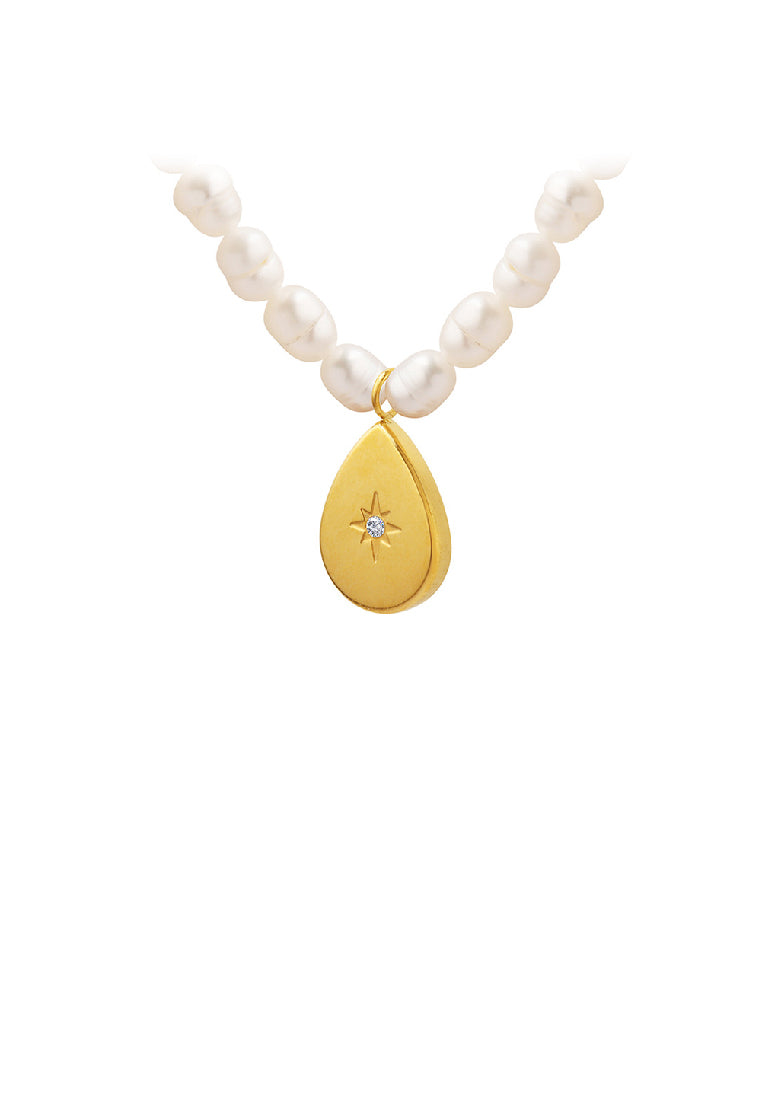 Fashion Simple Plated Gold 316L Stainless Steel Star Cubic Zirconia Water Drop Pendant with Imitation Pearl Beaded Necklace - Luxurious Look