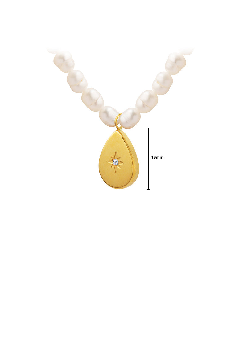 Fashion Simple Plated Gold 316L Stainless Steel Star Cubic Zirconia Water Drop Pendant with Imitation Pearl Beaded Necklace - Luxurious Look