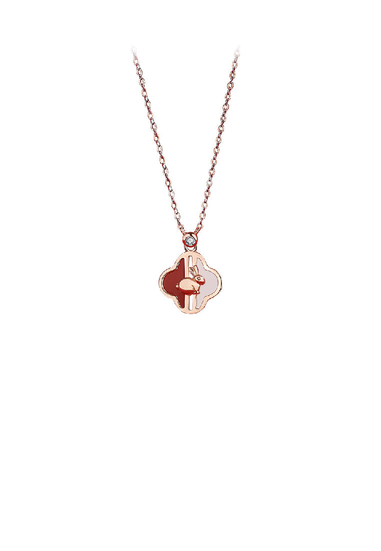 925 Sterling Silver Plated Rose Gold Fashion Simple Rabbit Four-leafed Clover Pendant with Necklace