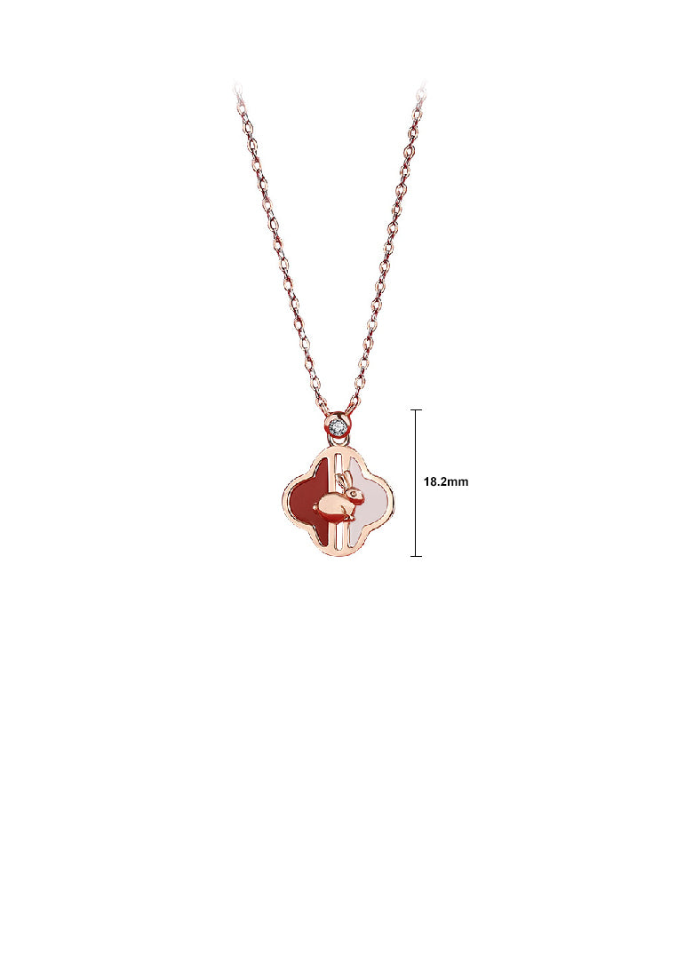 925 Sterling Silver Plated Rose Gold Fashion Simple Rabbit Four-leafed Clover Pendant with Necklace