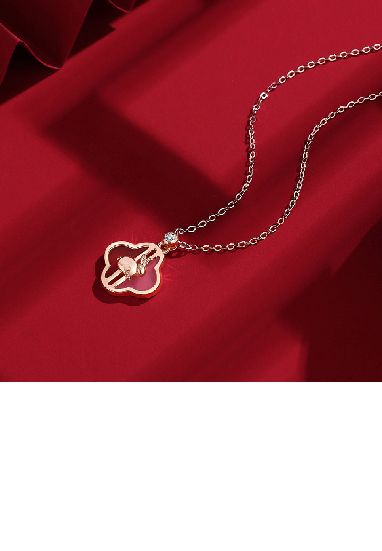 925 Sterling Silver Plated Rose Gold Fashion Simple Rabbit Four-leafed Clover Pendant with Necklace