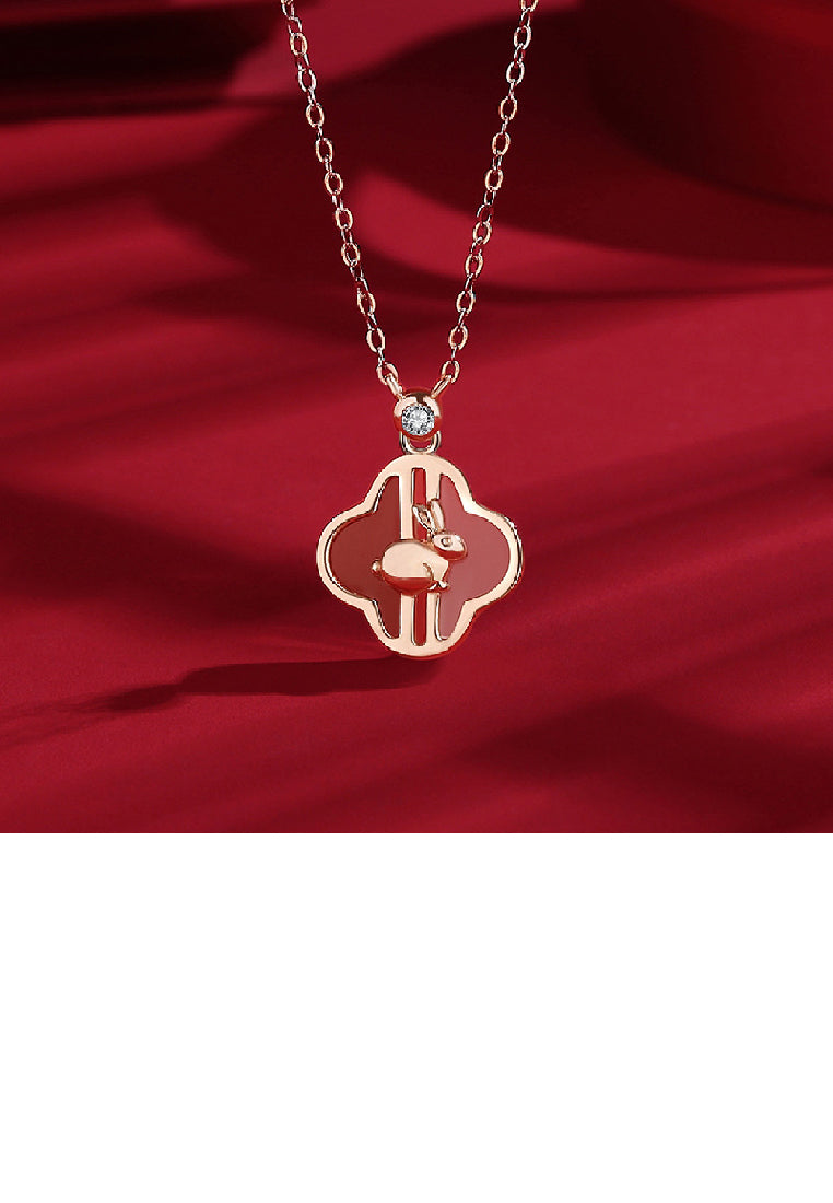 925 Sterling Silver Plated Rose Gold Fashion Simple Rabbit Four-leafed Clover Pendant with Necklace
