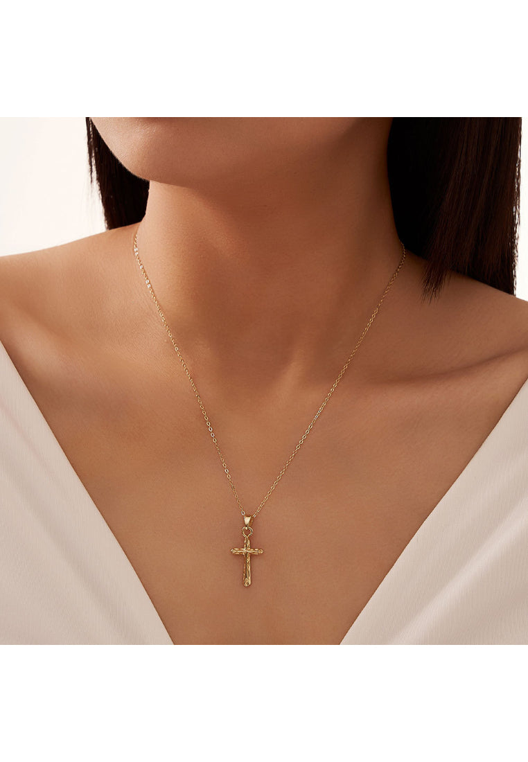 925 Sterling Silver Plated Gold Fashion Simple Pattern Cross Pendant with Necklace