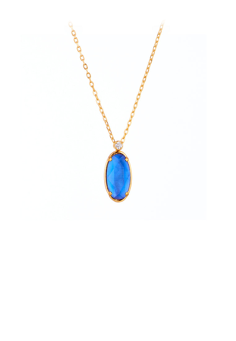 925 Sterling Silver Plated Gold Simple Fashion Geometric Oval Blue Cubic Zirconia Pendant with Necklace - Luxurious Look
