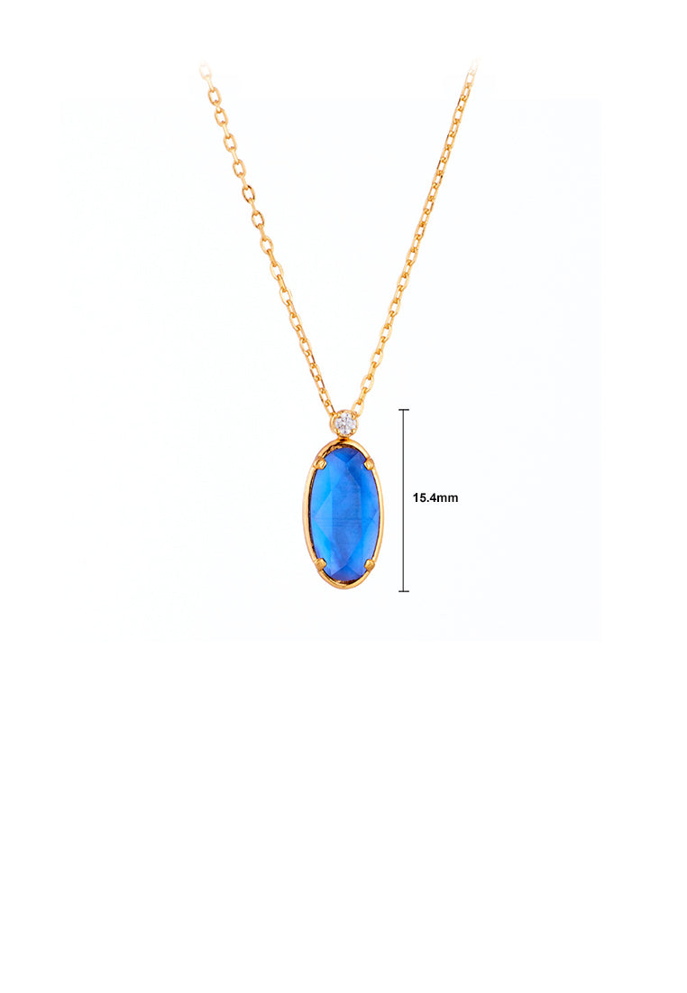 925 Sterling Silver Plated Gold Simple Fashion Geometric Oval Blue Cubic Zirconia Pendant with Necklace - Luxurious Look