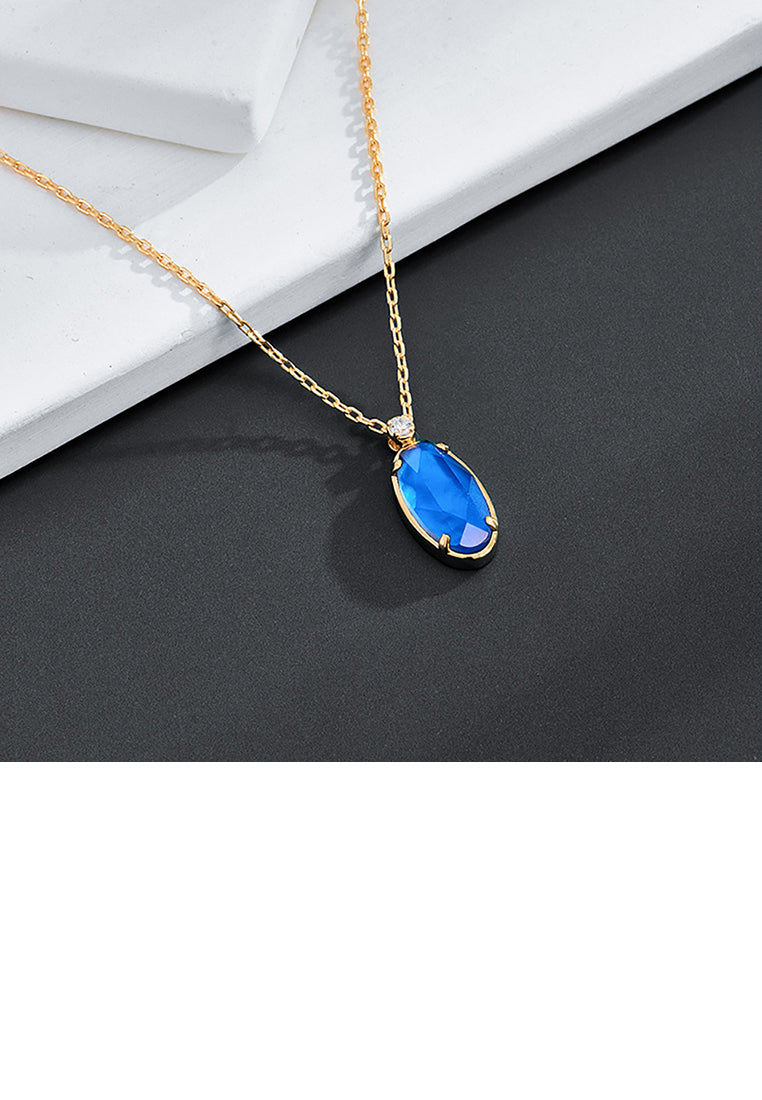 925 Sterling Silver Plated Gold Simple Fashion Geometric Oval Blue Cubic Zirconia Pendant with Necklace - Luxurious Look
