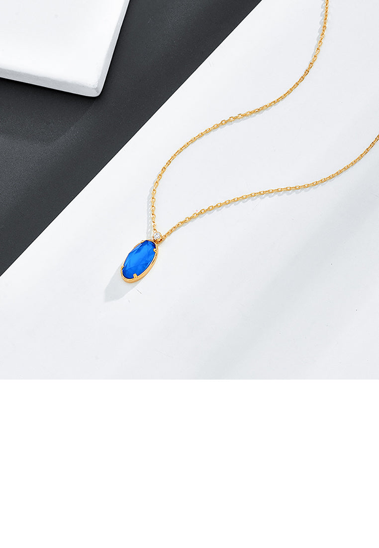 925 Sterling Silver Plated Gold Simple Fashion Geometric Oval Blue Cubic Zirconia Pendant with Necklace - Luxurious Look