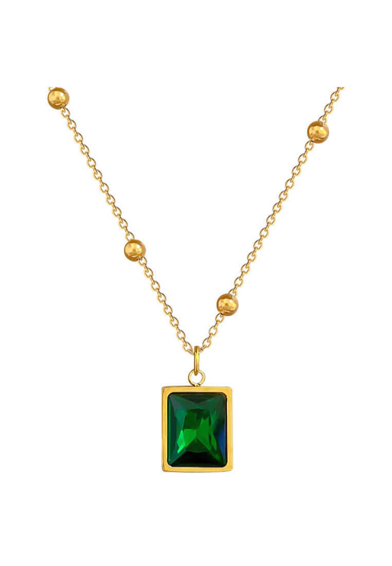 Fashion Simple Plated Gold 316L Stainless Steel Geometric Green Cubic Zirconia Pendant with Necklace - Luxurious Look