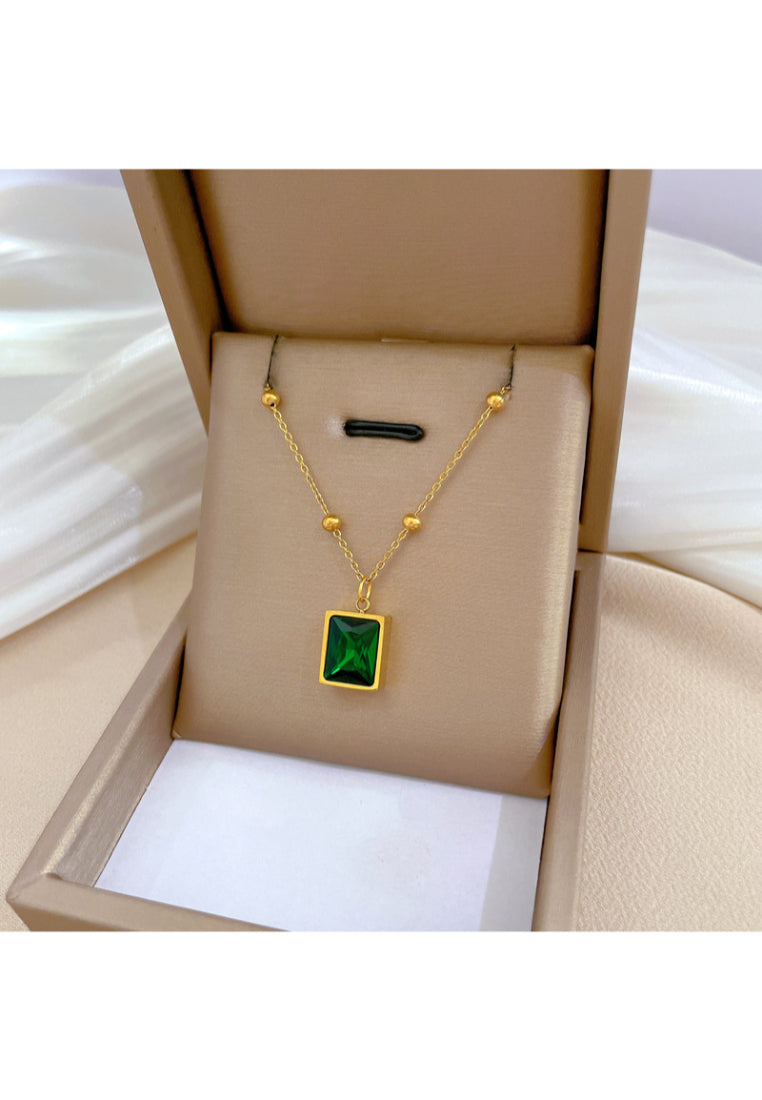 Fashion Simple Plated Gold 316L Stainless Steel Geometric Green Cubic Zirconia Pendant with Necklace - Luxurious Look