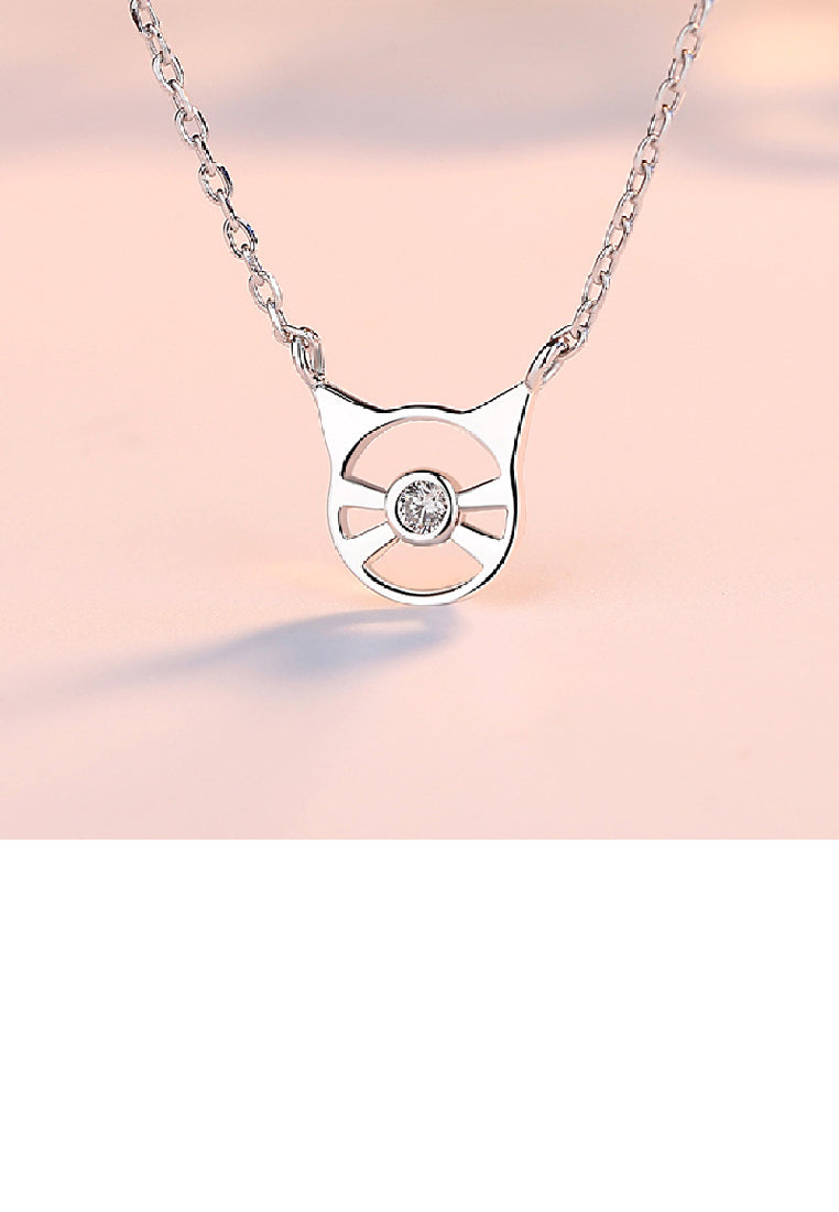 925 Sterling Silver Fashion Simple Hollow Cat Pendant with Cubic Zirconia and Necklace - Luxurious Look
