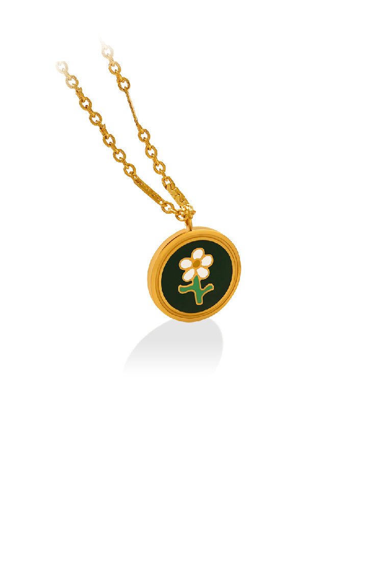 Fashion Elegant Plated Gold 316L Stainless Steel Enamel Floral Geometric Round Pendant with Necklace