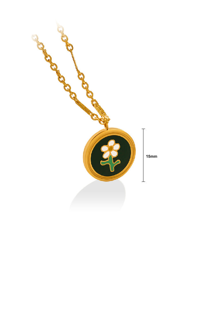 Fashion Elegant Plated Gold 316L Stainless Steel Enamel Floral Geometric Round Pendant with Necklace