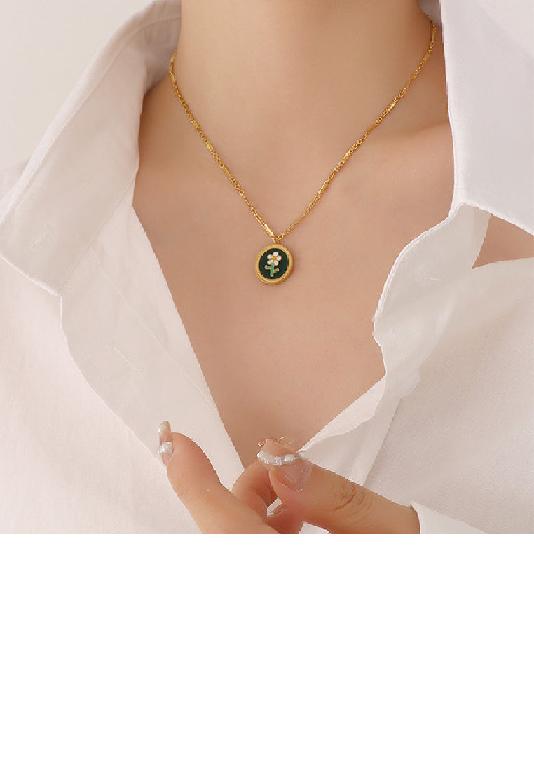 Fashion Elegant Plated Gold 316L Stainless Steel Enamel Floral Geometric Round Pendant with Necklace