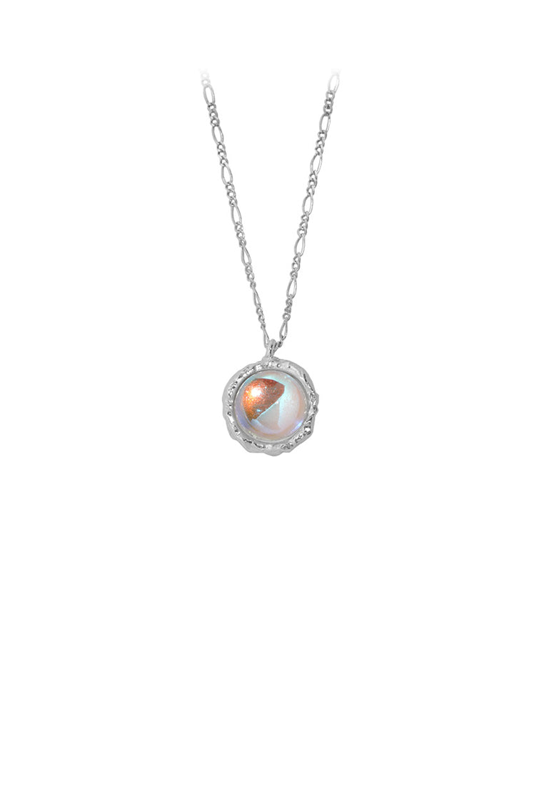 925 Sterling Silver Simple Fashion Geometric Round Imitation Moonstone Pendant with Necklace