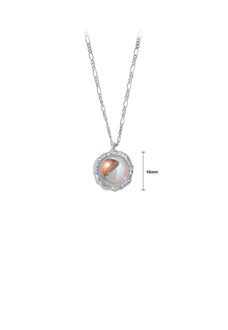 925 Sterling Silver Simple Fashion Geometric Round Imitation Moonstone Pendant with Necklace