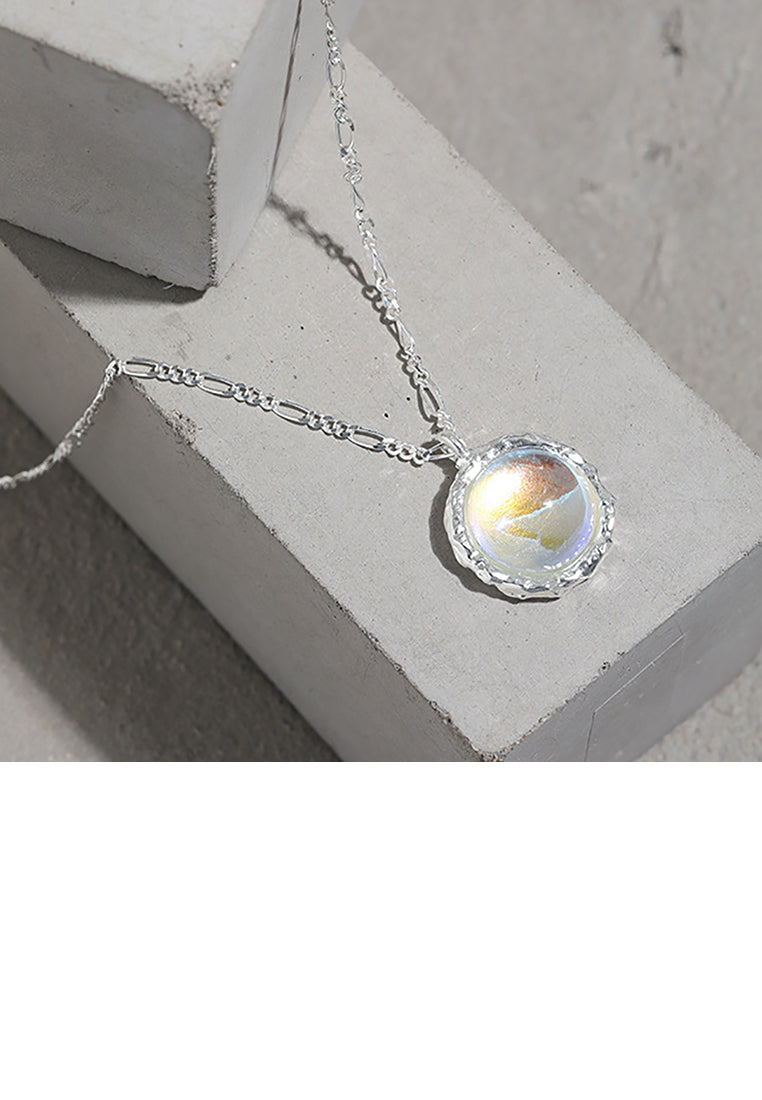 925 Sterling Silver Simple Fashion Geometric Round Imitation Moonstone Pendant with Necklace