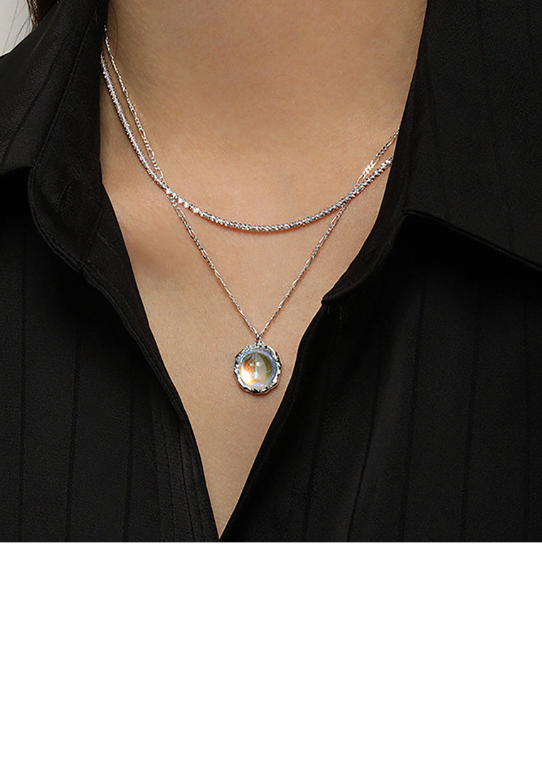 925 Sterling Silver Simple Fashion Geometric Round Imitation Moonstone Pendant with Necklace