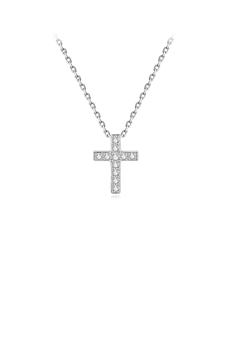 925 Sterling Silver Simple Classic Cross Pendant with Cubic Zirconia and Necklace - Luxurious Look