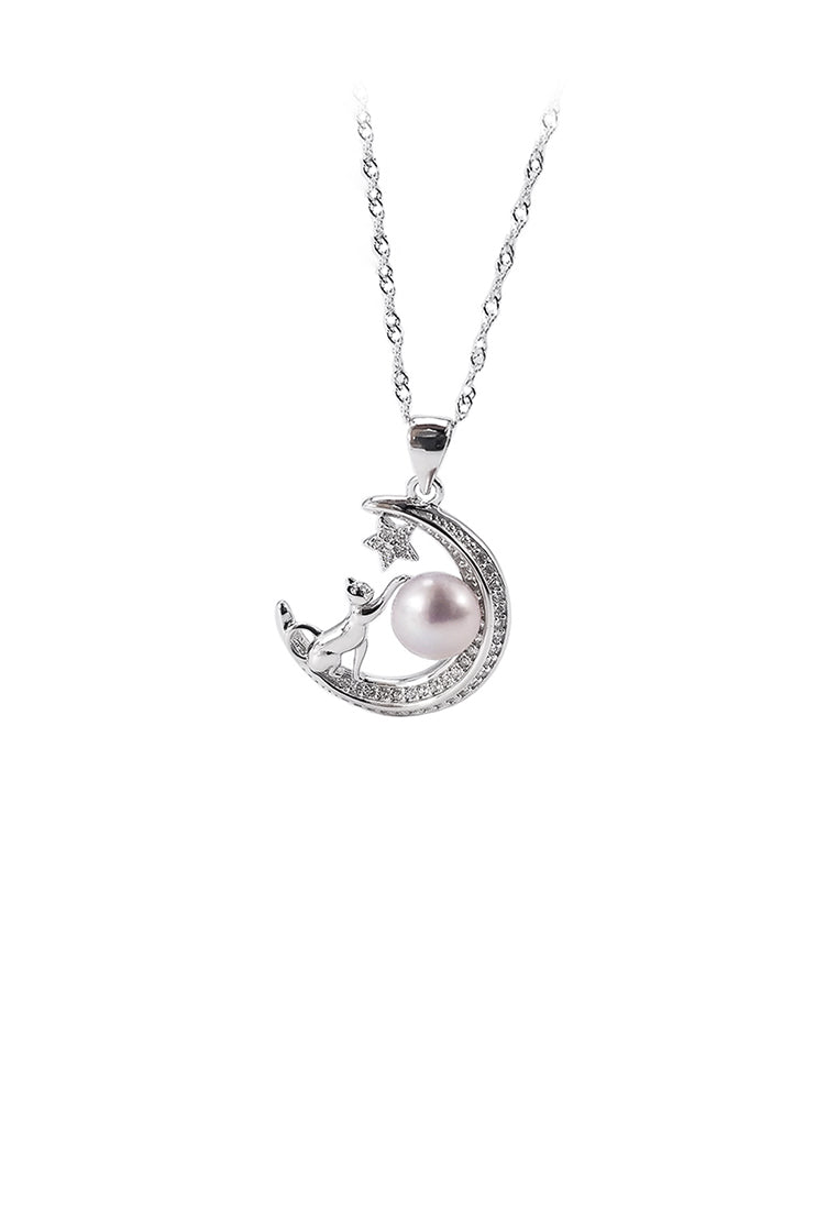 925 Sterling Silver Fashion Simple Moon Cat Purple Freshwater Pearl Pendant with Necklace - Luxurious Look