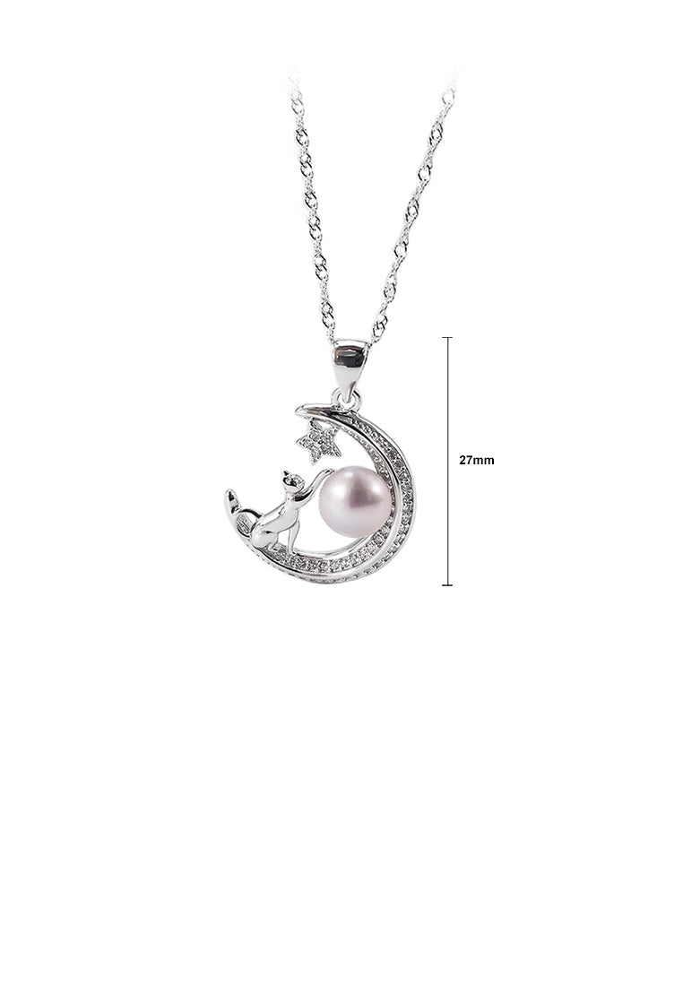 925 Sterling Silver Fashion Simple Moon Cat Purple Freshwater Pearl Pendant with Necklace - Luxurious Look