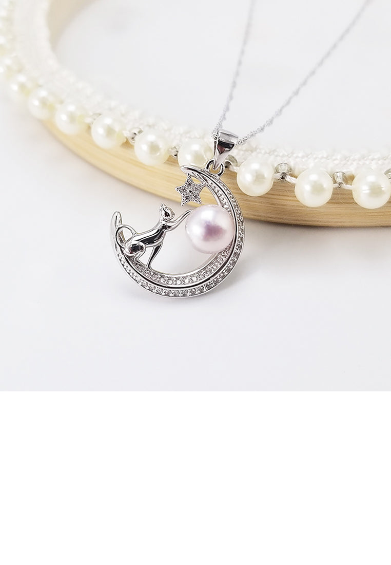 925 Sterling Silver Fashion Simple Moon Cat Purple Freshwater Pearl Pendant with Necklace - Luxurious Look