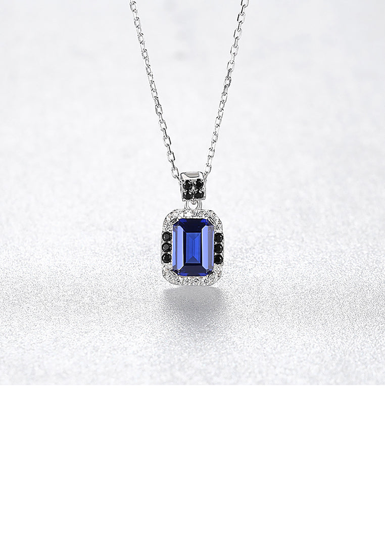 925 Sterling Silver Fashion and Elegant Geometric Pendant with Blue Cubic Zirconia and Necklace - Luxurious Look