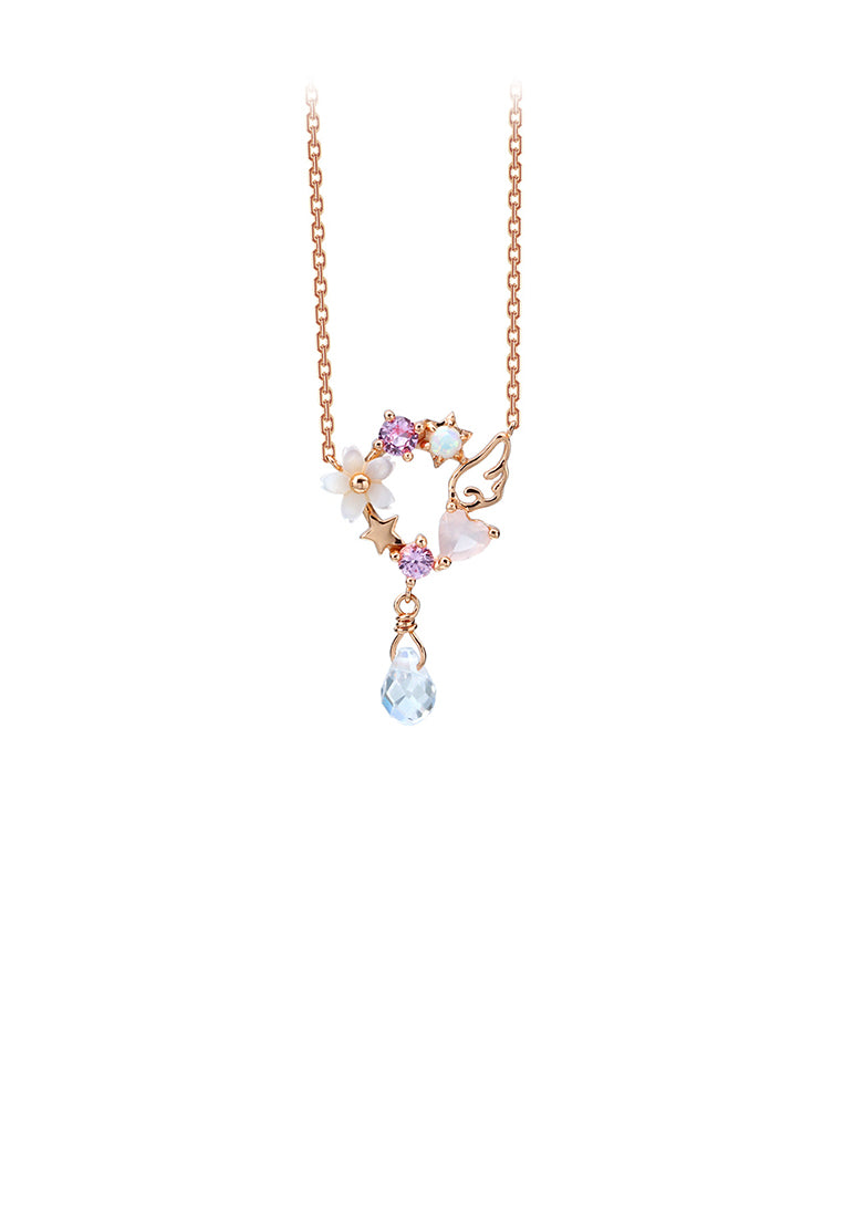 925 Sterling Silver Plated Rose Gold Fashion and Elegant Cherry Blossom Wings Pendant with Cubic Zirconia and Necklace - Luxurious Look