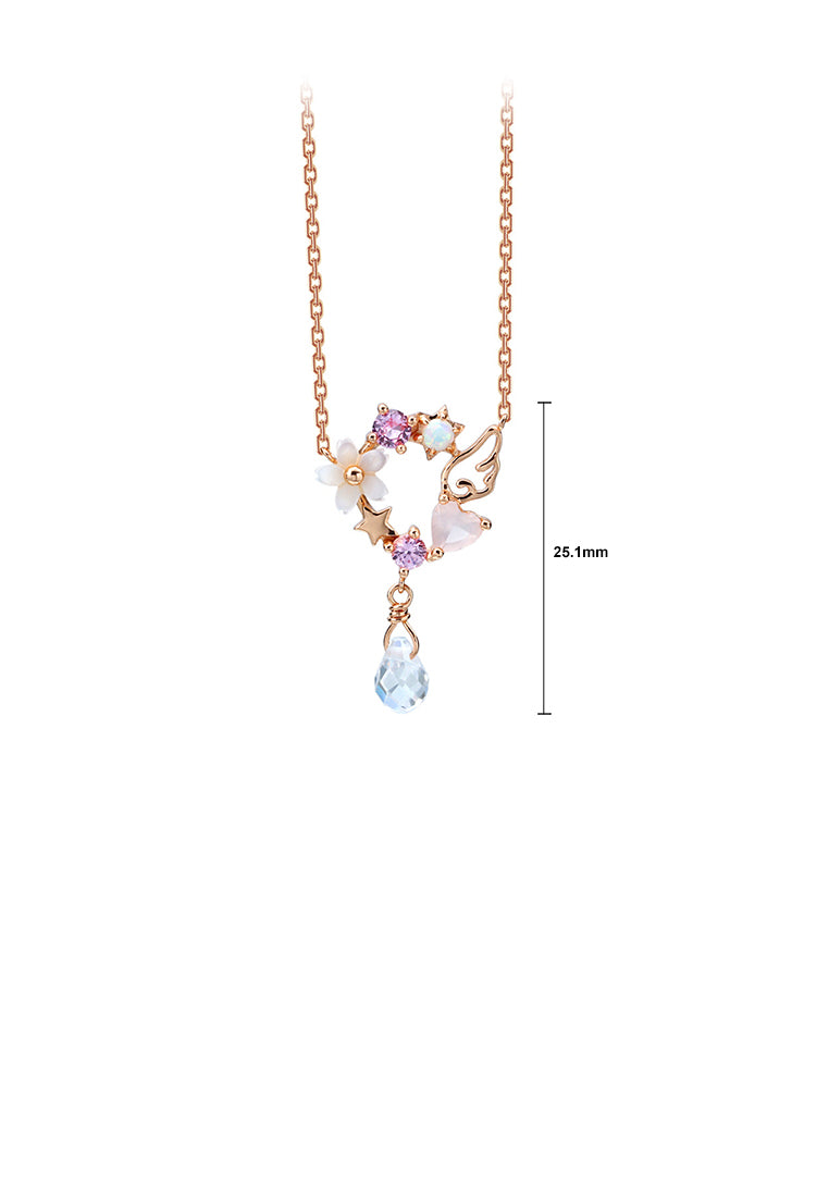 925 Sterling Silver Plated Rose Gold Fashion and Elegant Cherry Blossom Wings Pendant with Cubic Zirconia and Necklace - Luxurious Look