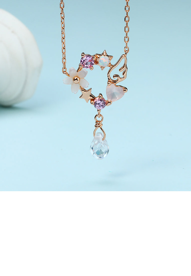925 Sterling Silver Plated Rose Gold Fashion and Elegant Cherry Blossom Wings Pendant with Cubic Zirconia and Necklace - Luxurious Look