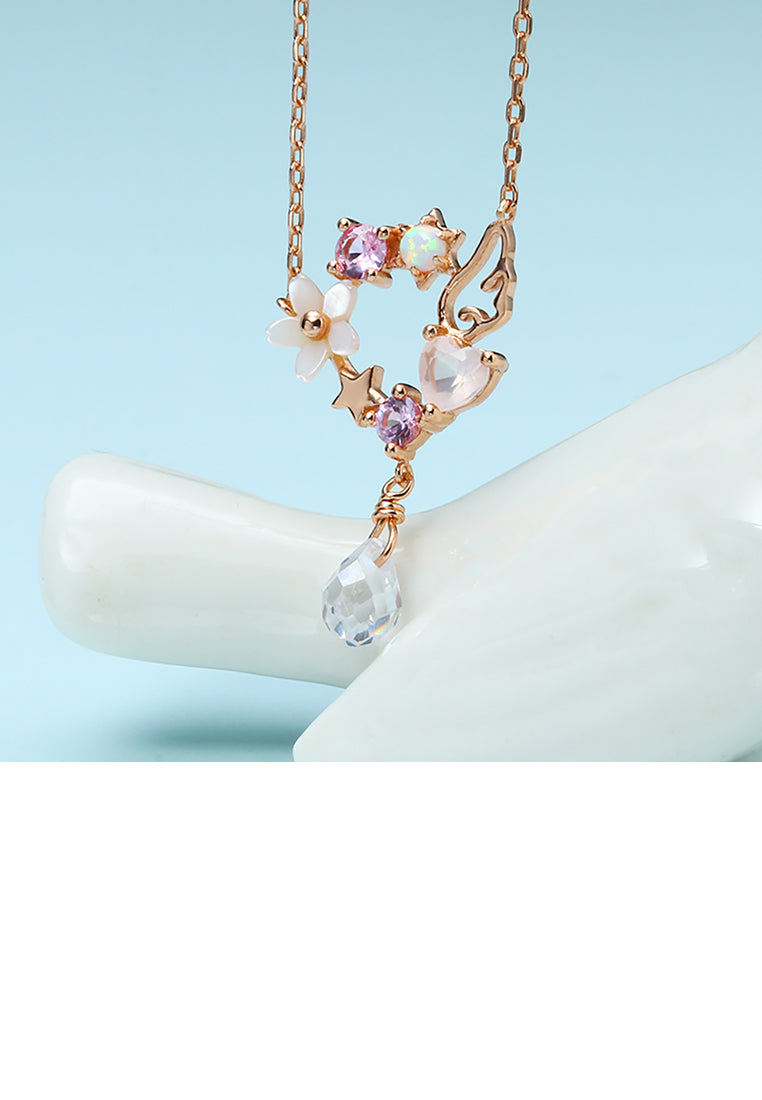 925 Sterling Silver Plated Rose Gold Fashion and Elegant Cherry Blossom Wings Pendant with Cubic Zirconia and Necklace - Luxurious Look