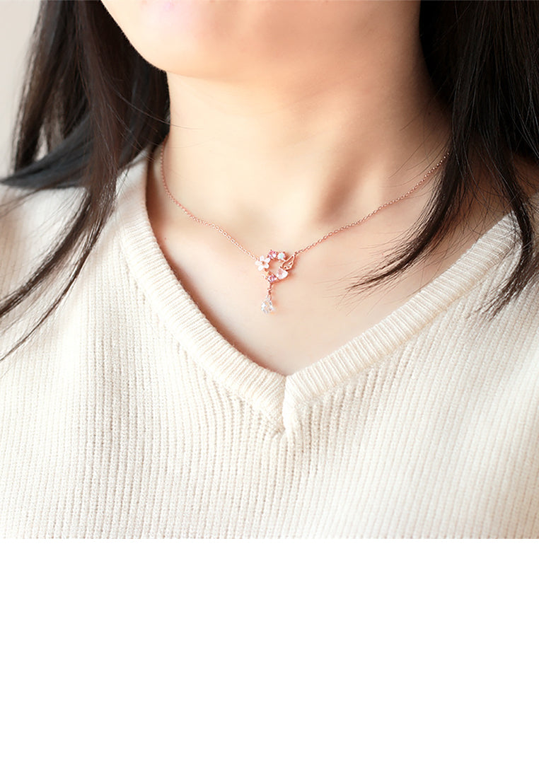 925 Sterling Silver Plated Rose Gold Fashion and Elegant Cherry Blossom Wings Pendant with Cubic Zirconia and Necklace - Luxurious Look