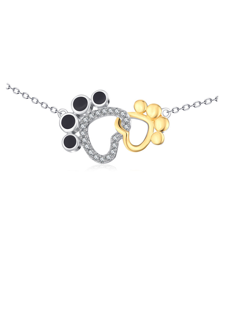 925 Sterling Silver Fashion Cute Two-tone Dog Paw Print Pendant with Cubic Zirconia and Necklace - Luxurious Look