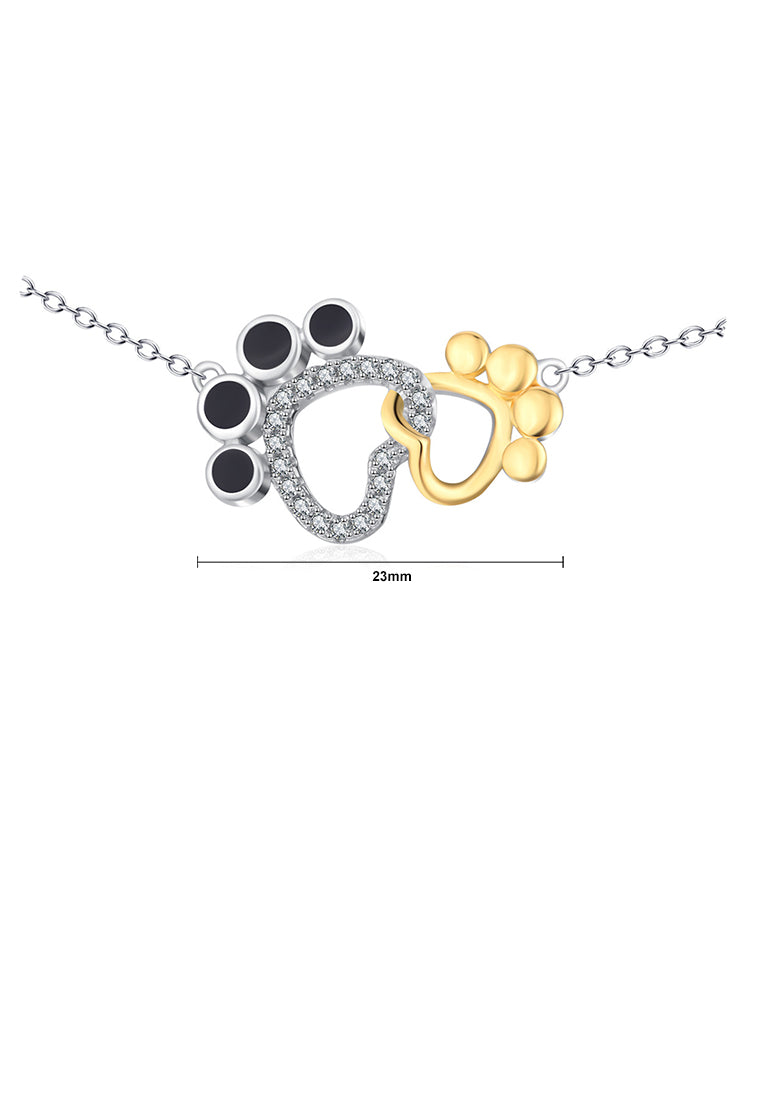 925 Sterling Silver Fashion Cute Two-tone Dog Paw Print Pendant with Cubic Zirconia and Necklace - Luxurious Look