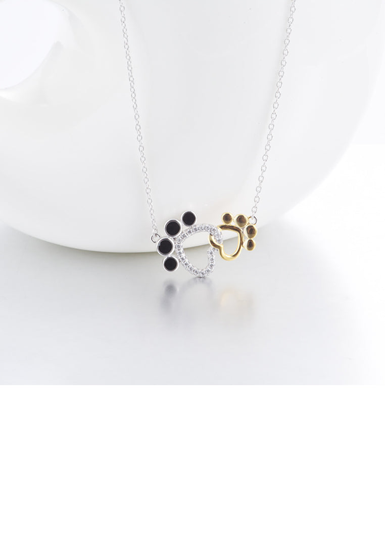 925 Sterling Silver Fashion Cute Two-tone Dog Paw Print Pendant with Cubic Zirconia and Necklace - Luxurious Look