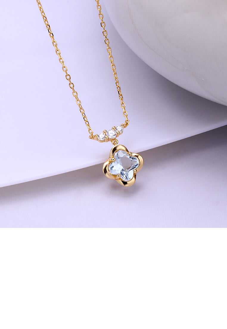 925 Sterling Silver Plated Gold Fashion and Elegant Four-leaf Clover Pendant with Cubic Zirconia and Necklace - Luxurious Look