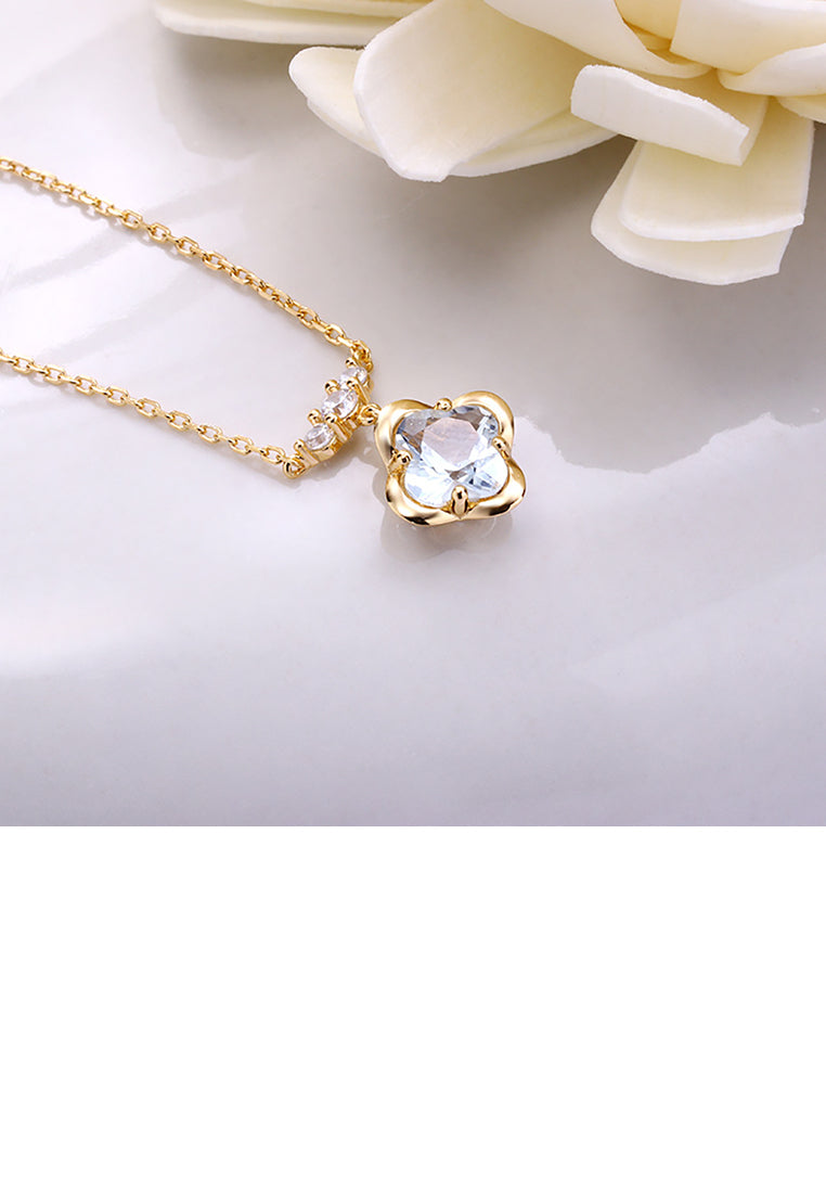925 Sterling Silver Plated Gold Fashion and Elegant Four-leaf Clover Pendant with Cubic Zirconia and Necklace - Luxurious Look