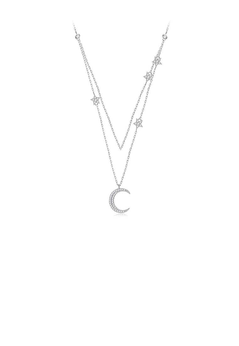 925 Sterling Silver Fashion Simple Moon Star Pendant with Cubic Zirconia and Double Necklace - Luxurious Look