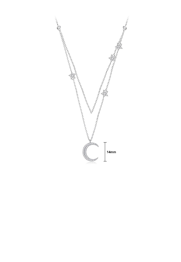 925 Sterling Silver Fashion Simple Moon Star Pendant with Cubic Zirconia and Double Necklace - Luxurious Look