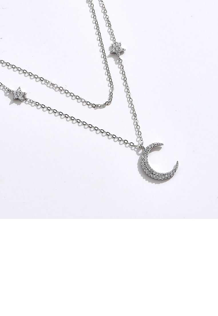 925 Sterling Silver Fashion Simple Moon Star Pendant with Cubic Zirconia and Double Necklace - Luxurious Look