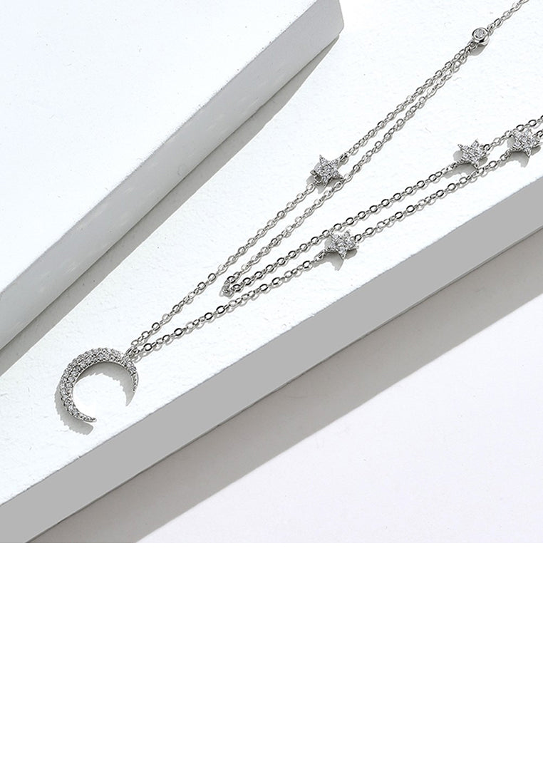925 Sterling Silver Fashion Simple Moon Star Pendant with Cubic Zirconia and Double Necklace - Luxurious Look