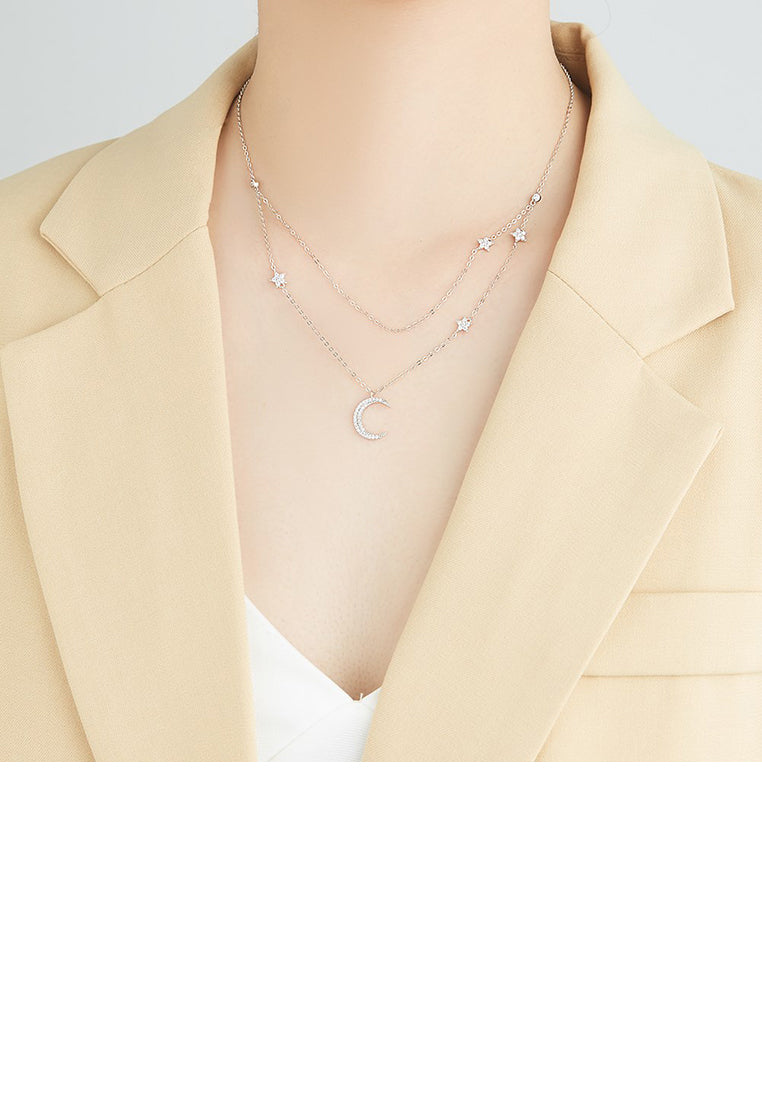 925 Sterling Silver Fashion Simple Moon Star Pendant with Cubic Zirconia and Double Necklace - Luxurious Look
