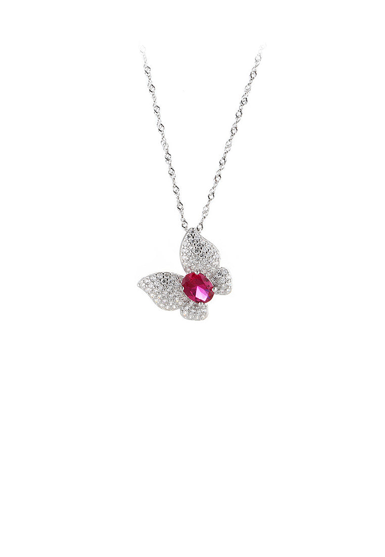 925 Sterling Silver Fashion and Elegant Butterfly Rose Red Cubic Zirconia Pendant with Necklace - Luxurious Look - Vibrant Color
