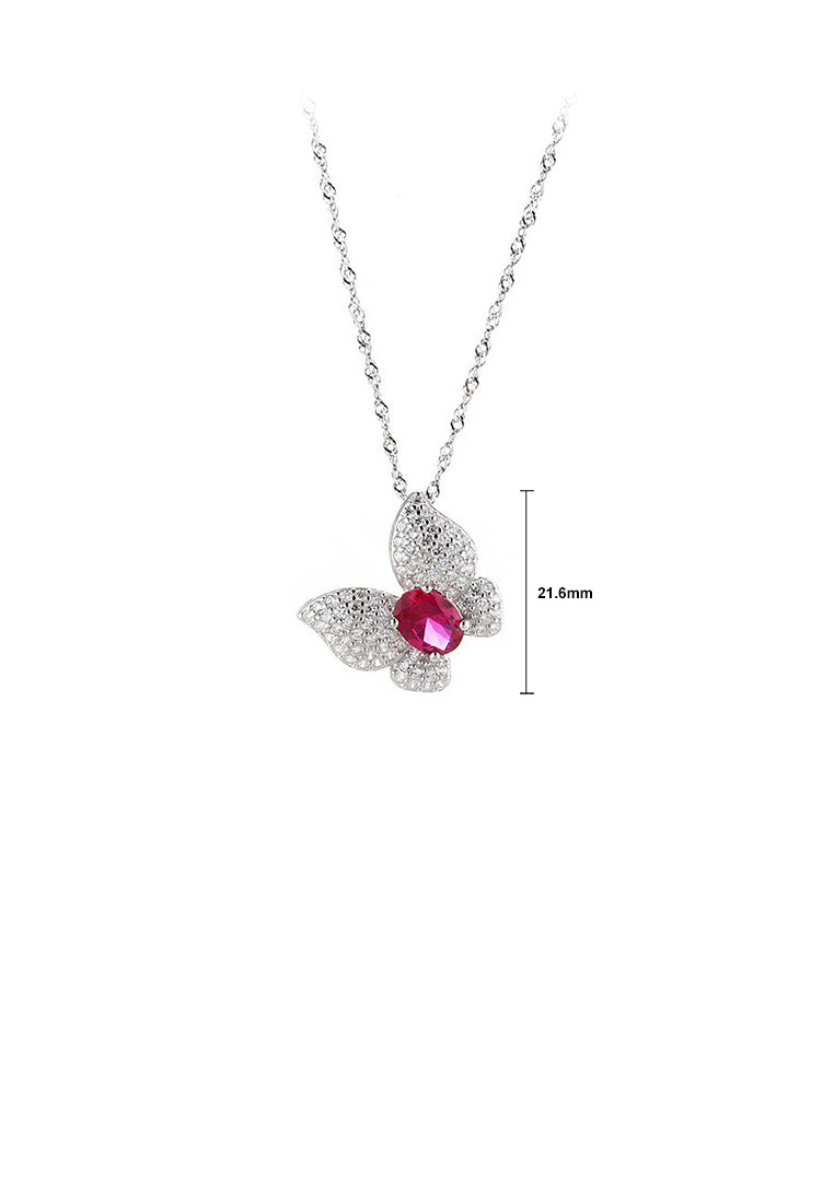 925 Sterling Silver Fashion and Elegant Butterfly Rose Red Cubic Zirconia Pendant with Necklace - Luxurious Look - Vibrant Color