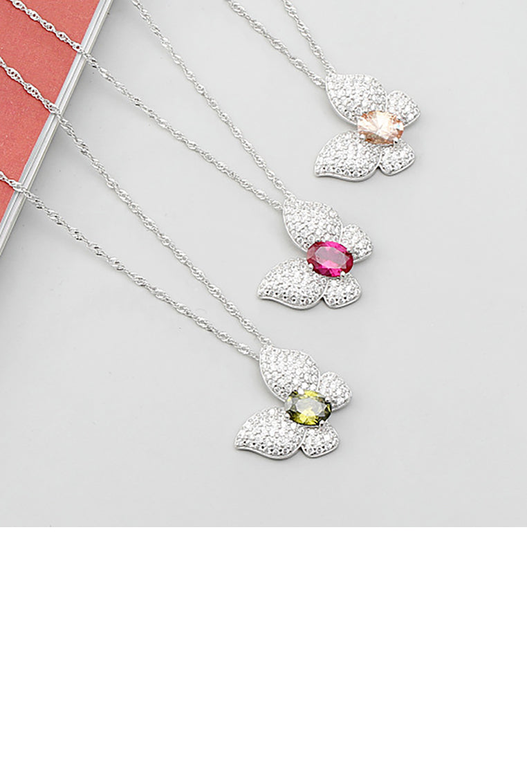 925 Sterling Silver Fashion and Elegant Butterfly Rose Red Cubic Zirconia Pendant with Necklace - Luxurious Look - Vibrant Color