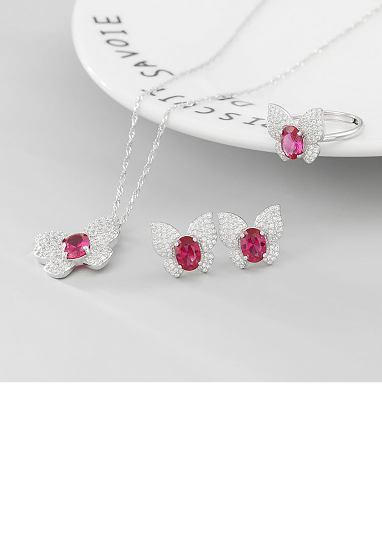 925 Sterling Silver Fashion and Elegant Butterfly Rose Red Cubic Zirconia Pendant with Necklace - Luxurious Look - Vibrant Color